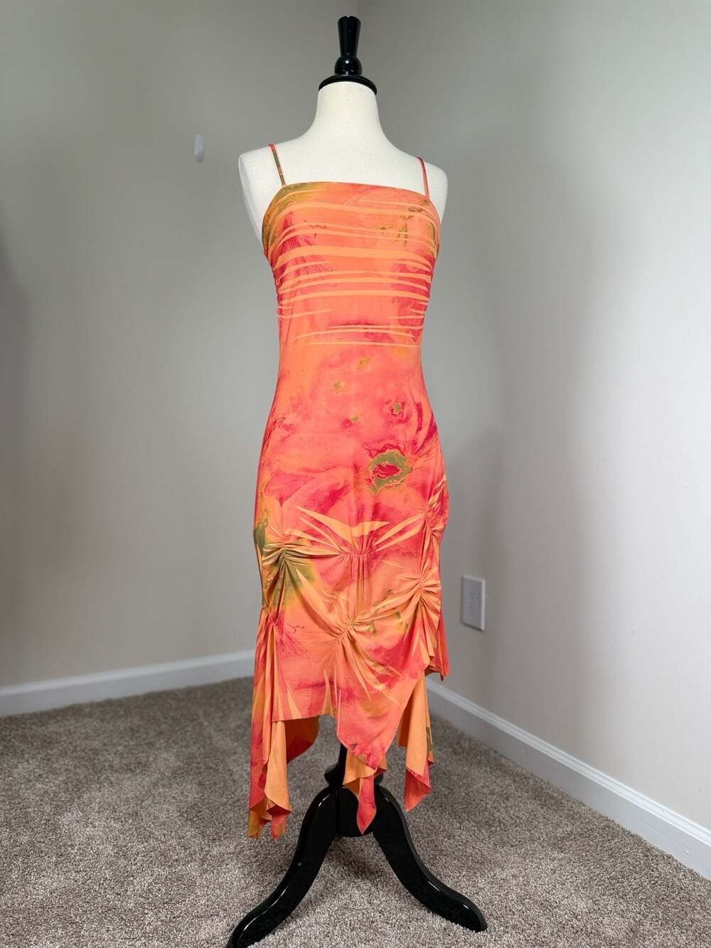Y2K Orange Floral Print Ruched Asymmetrical Slip Dress Fairy Boho Size M